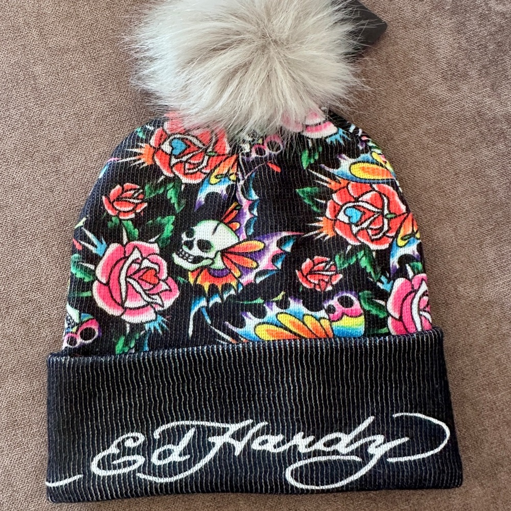 VINTAGE Y2K ED HARDY Skull and Roses Tattoo Inspired Beanie Deadstock